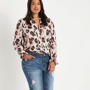 Printed Button Down Shirt with Ruffle Neck Size 14